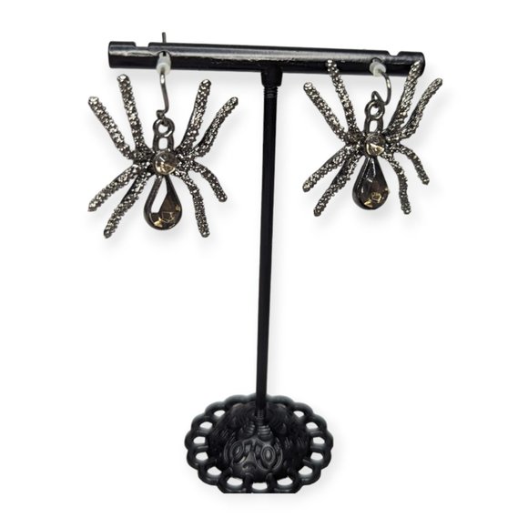 Silver Tone Spider Dangle Earrings - Picture 1 of 5